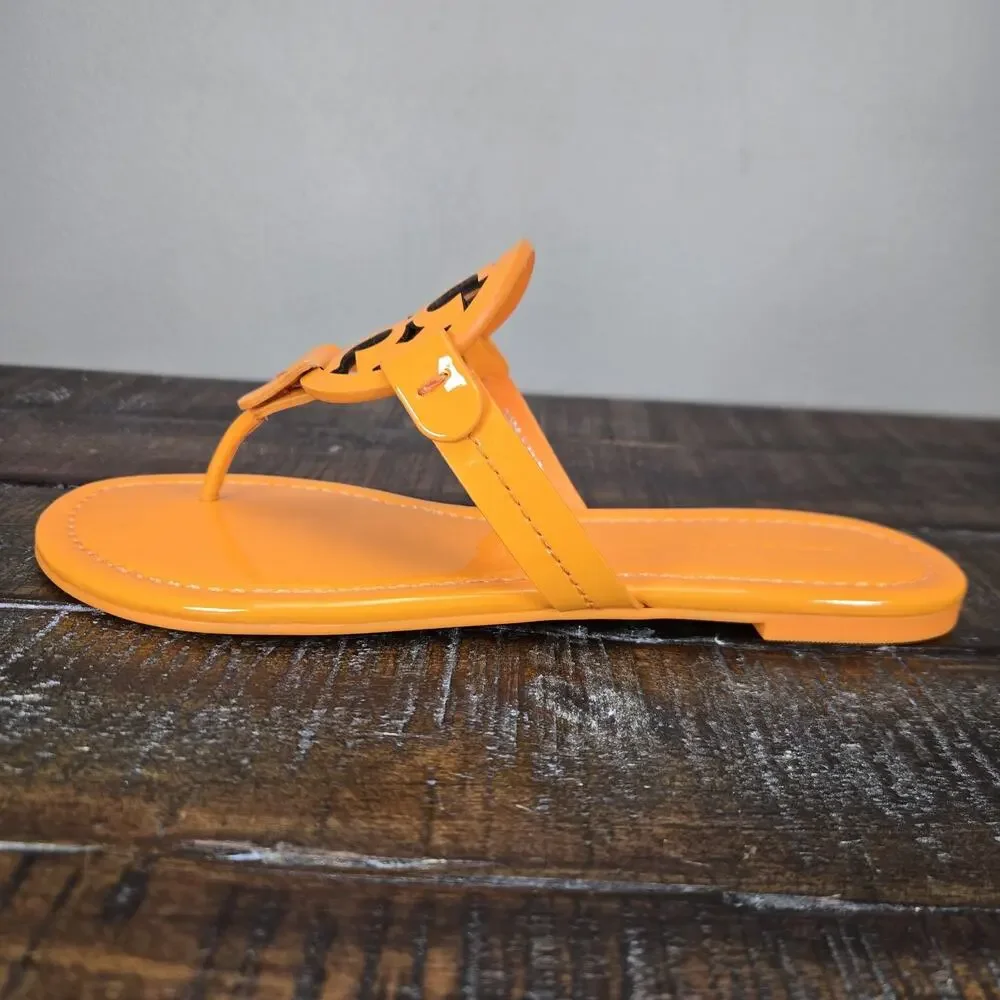NEW Tory Burch Metal Miller Leather Womens Size 6 Logo Sandal Flip Flops Orange